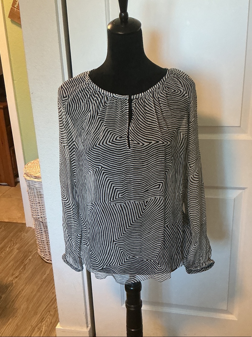 Isabel Marant Etoile Black & White Geometric Long Sleeve Silk Blouse 40